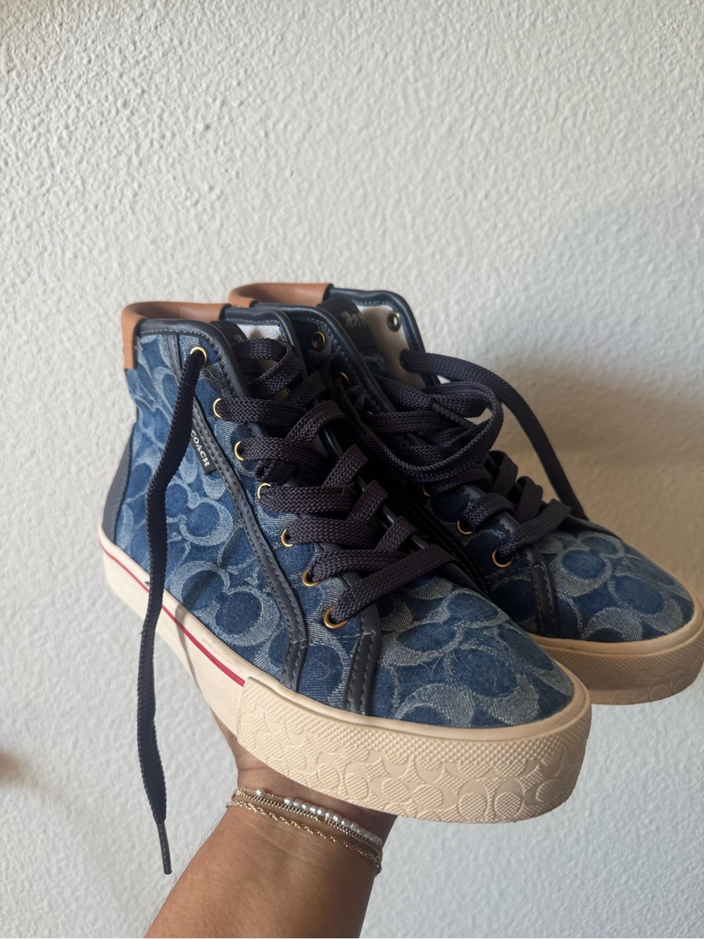 Coach Denim-Print High-Top Sneakers with Tan Trim
